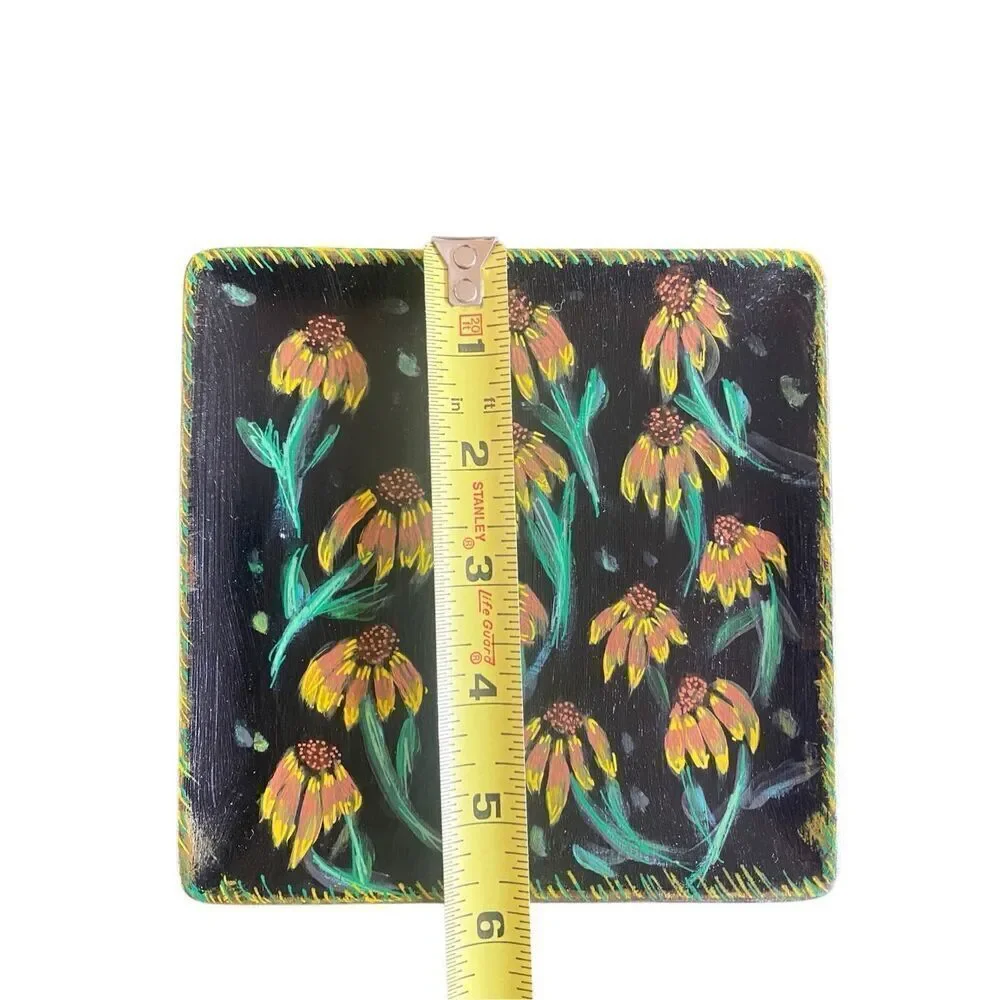 Hand painted Trinket vanity  tray sunflowers yellow black floral one of a kind